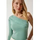 Happiness Istanbul Womens Aqua Green One-Shoulder Gathered Detailed Knitted Blouse