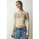 Happiness Istanbul Womens Cream Brown Buttoned Collar Ribbed Crop Knitwear Blouse
