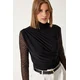Happiness Istanbul Womens Black Lace Sleeve Gathered Knitted Blouse