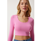 Happiness Istanbul Womens Pink U Neck Ribbed Crop Knitwear Blouse