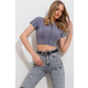 Trend Alaçati Stili Womens Gray Crew Neck Front Stitched Crop Sandy Blouse