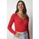 Happiness Istanbul Womens Dark Orange V-Neck Basic Corduroy Blouse