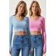 Happiness Istanbul Womens Sky Blue Pink U Neck Ribbed 2-Pack Crop Knitwear Blouse