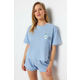 Trendyol Blue Cotton Printed T-shirt-Shorts Knitted Pajamas Set