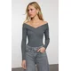 Trendyol Dark Gray Snap-On Carmen Collar Ribbed Stretchy Knitted Bodysuit