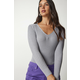 Happiness Istanbul Womens Gray Basic Corduroy V-neck Blouse