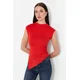 Trendyol Red High Neck Short Sleeve Gathered/Drape Detail Asymmetric Knitted Blouse