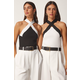 Happiness Istanbul Womens Black and White Halter Collar 2-Pack Crop Knitwear Blouse