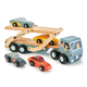 Drveni kamion Car Transporter Tender Leaf Toys s pomičnom platformom i 4 autića