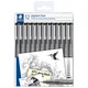 Liner, komplet, 12 različnih debelin, STAEDTLER Pigment Liner 308, črn, 12 kosov