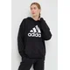 Bombažen pulover adidas ženska, črna barva, s kapuco