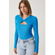 Happiness Istanbul Womens Vivid Blue Cut Out Detailed Ribbed Knitted Blouse