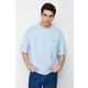 Trendyol Light Blue Oversize 100% Cotton Crew Neck Minimal Text Printed T-Shirt