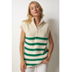 Happiness Istanbul Womens Cream Green Zippered Collar Striped Sweater