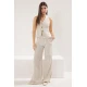 Trendyol Beige Linen Blend Striped Back Open Vest & Wide Leg Trousers Woven Bottom-Top Set