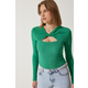 Happiness Istanbul Womens Green Cut Out Detailed Ribbed Knitted Blouse