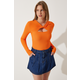 Happiness Istanbul Womens Orange Cut Out Detailed Ribbed Knitted Blouse