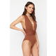 Trendyol Brown Deep Low-cut Draped Hipster Swimsuit