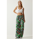 Happiness Istanbul Womens Green Orange Patterned Flowing Viscose Palazzo Trousers
