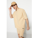 Trendyol Limited Edition Beige Oversize 100% Cotton Labeled Textured Basic Thick T-Shirt