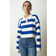 Happiness Istanbul Womens White Blue Stylish Buttoned Collar Striped Crop Knitwear Sweater