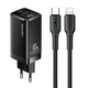 Stenski polnilni adapter Usams MT s QC3.0, 65W PD, GaN tehnologijami, z USB-A in dvema USB-C izhodoma ter USB-C v Lightning kablom - črn