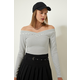 Happiness Istanbul Womens White Asymmetric Collar Striped Wrap Knitted Blouse