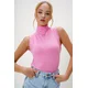 Trend Alaçati Stili Womens Pink Stand Collar Two Thread Sleeveless Blouse