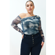 Trendyol Curve Indigo Tulle Lined Asymmetric Collar Knitted Blouse
