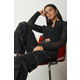 Happiness Istanbul Womens Black Zippered Openwork Knitwear Cardigan