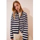 Happiness Istanbul Womens Ecru Navy Blue Striped Knitwear Cardigan with Waistcoat