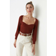 Trendyol Brown Crop Heart Collar Knitwear Sweater