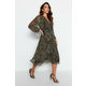 Trendyol Green With Belt A-Line Midi, Double Breasted Collar Patterned Chiffon Dress, Woven Dress
