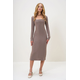 Trend Alaçati Stili Womens Mink Square Neck Long Sleeve Midi Length Interlock Fabric Dress