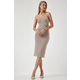 Happiness Istanbul Womens Dark Beige Strappy Jersey Knitted Dress