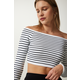 Happiness Istanbul Womens White Square Neck Striped Crop Blouse