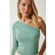 Happiness Istanbul Womens Aqua Green One-Shoulder Gathered Detailed Knitted Blouse