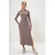 Trend Alaçati Stili Womens Mink Polo Collar Half Placket Side Slit Interlock Fabric Dress