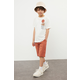 Trendyol White Boys Back Printed Short Sleeve T-shirt Shorts Set Knitted Bottom-Top Set