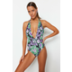 Trendyol Floral Pattern Deep-Chocolate Low-Cut Back, Regular Leg Swimsuit