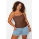 Trendyol Curve Brown Spaghetti Strappy Crop Ribbed Knit Plus Size Blouse
