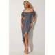 Happiness Istanbul Womens Dark Navy Blue Carmen Collar Slit Summer Knitted Dress