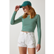 Happiness Istanbul Womens Dark Green Crew Neck Striped Crop Knitted Blouse