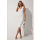 Happiness Istanbul Womens White V-Neck Ribbed Knitwear Dress